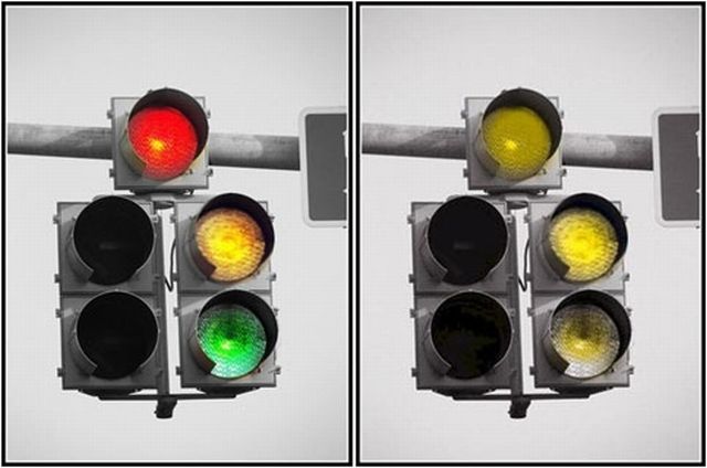 Traffic stop lights showing the effert of Deuteranopia color blindness