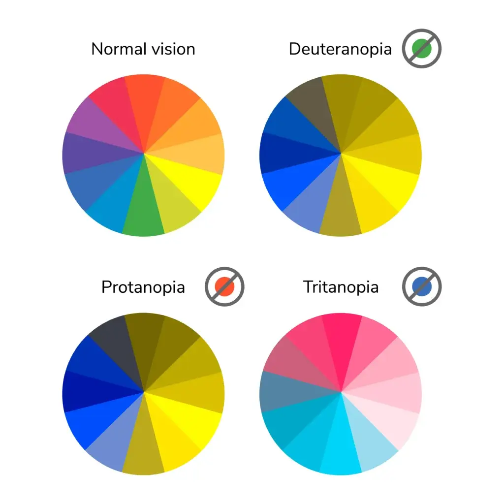 Four colorwheels representing normal vision, Deuteranopia, Protanopia and Tritanomaly