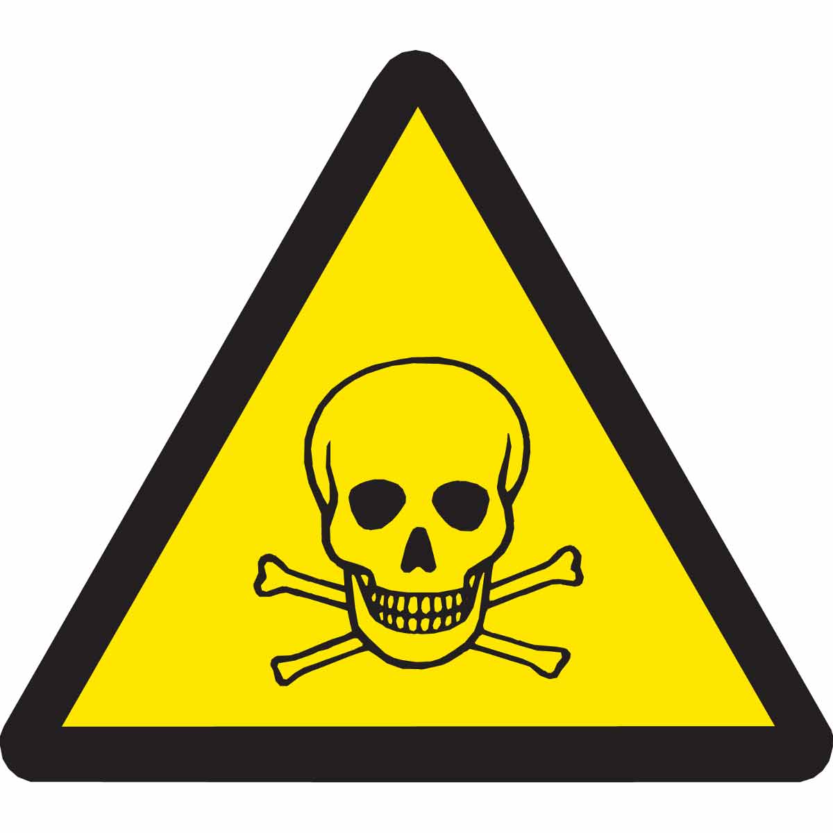 Toxic Warning label: A yellow triangular symbol with black border with a skull and cross bones in the center of the triangle.